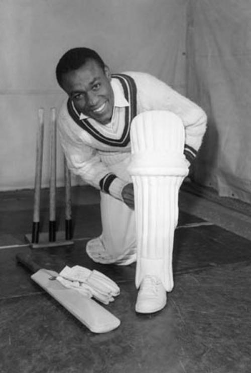 This 1963 photo shows Conrad Hunte padding up for some batting practice at Alf Glover's Cricket School in London © Getty Images